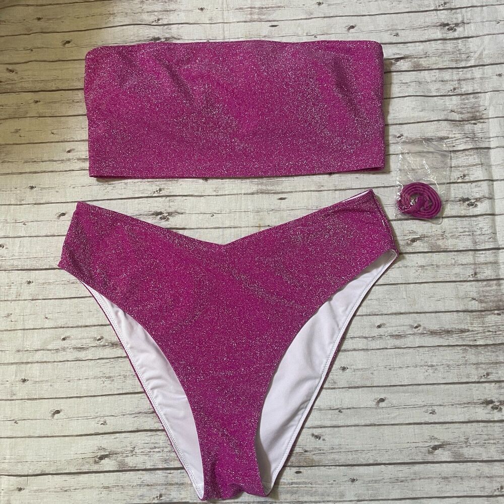 Victoria’s Secret PINK Glitter Bikini Set Women’s Size XL Purple Bandeau Straps